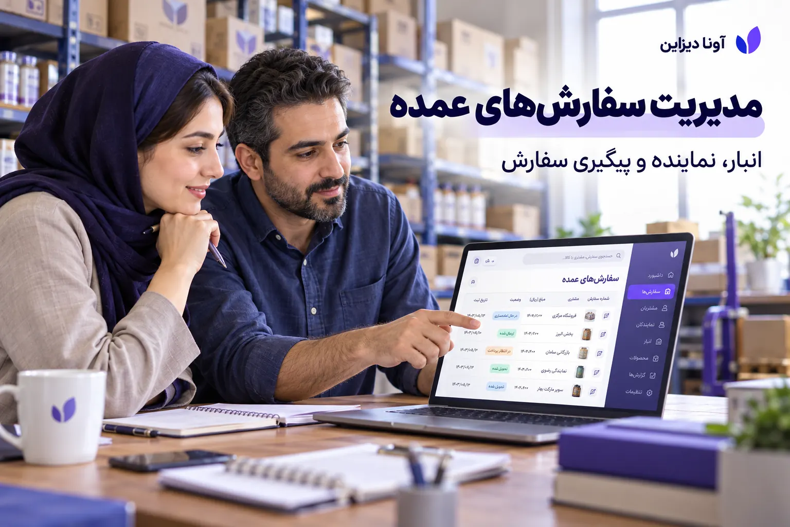 تصویر مفهومی تیم فروش عمده در حال بررسی سفارش‌ها و موجودی در پنل مدیریت فارسی