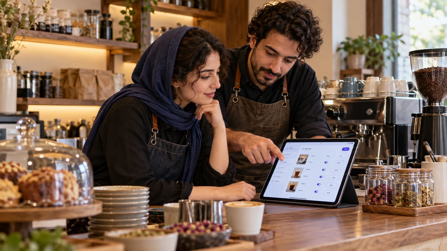 مدیر و باریستا در حال بررسی محصولات و وضعیت موجودی منوی دیجیتال روی تبلت