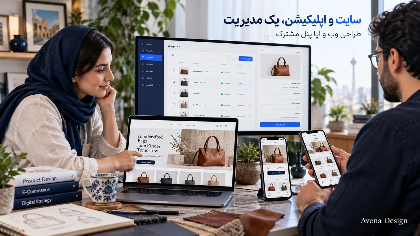 تصویر تبلیغاتی مفهومی طراحی سایت و اپلیکیشن با پنل مدیریت مشترک